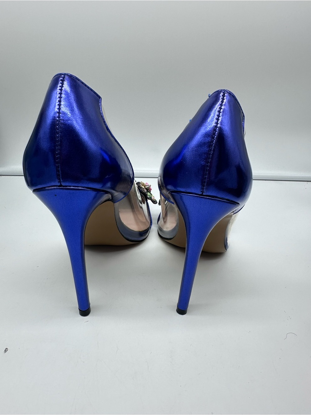Betsey Johnson Metallic Royal Blue Pointed Toe Pumps with Floral Jewels - Picture 4 of 13